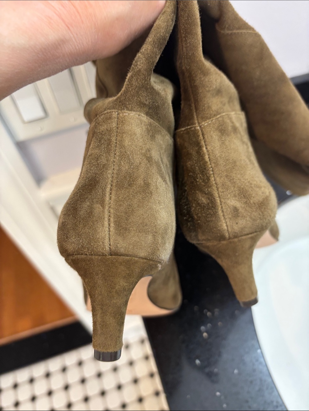 NWOT J. Crew Olive Brown Suede Knee-High Heeled Boots - Picture 4 of 6